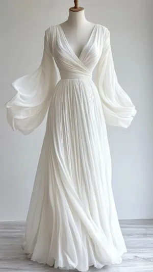 Elegant White Long Sleeves A-Line Chiffon Long Party Dress Light Wedding Dress, DP4962