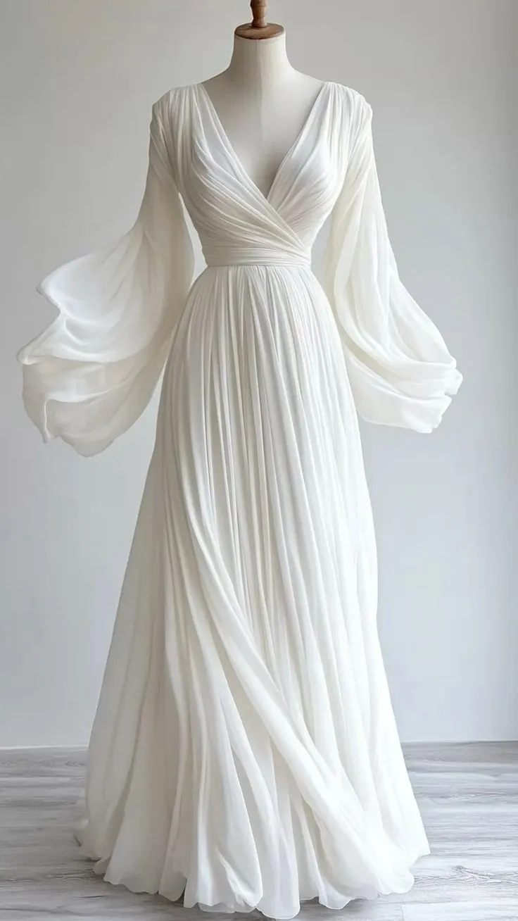 Elegant White Long Sleeves A-Line Chiffon Long Party Dress Light Wedding Dress, DP4962