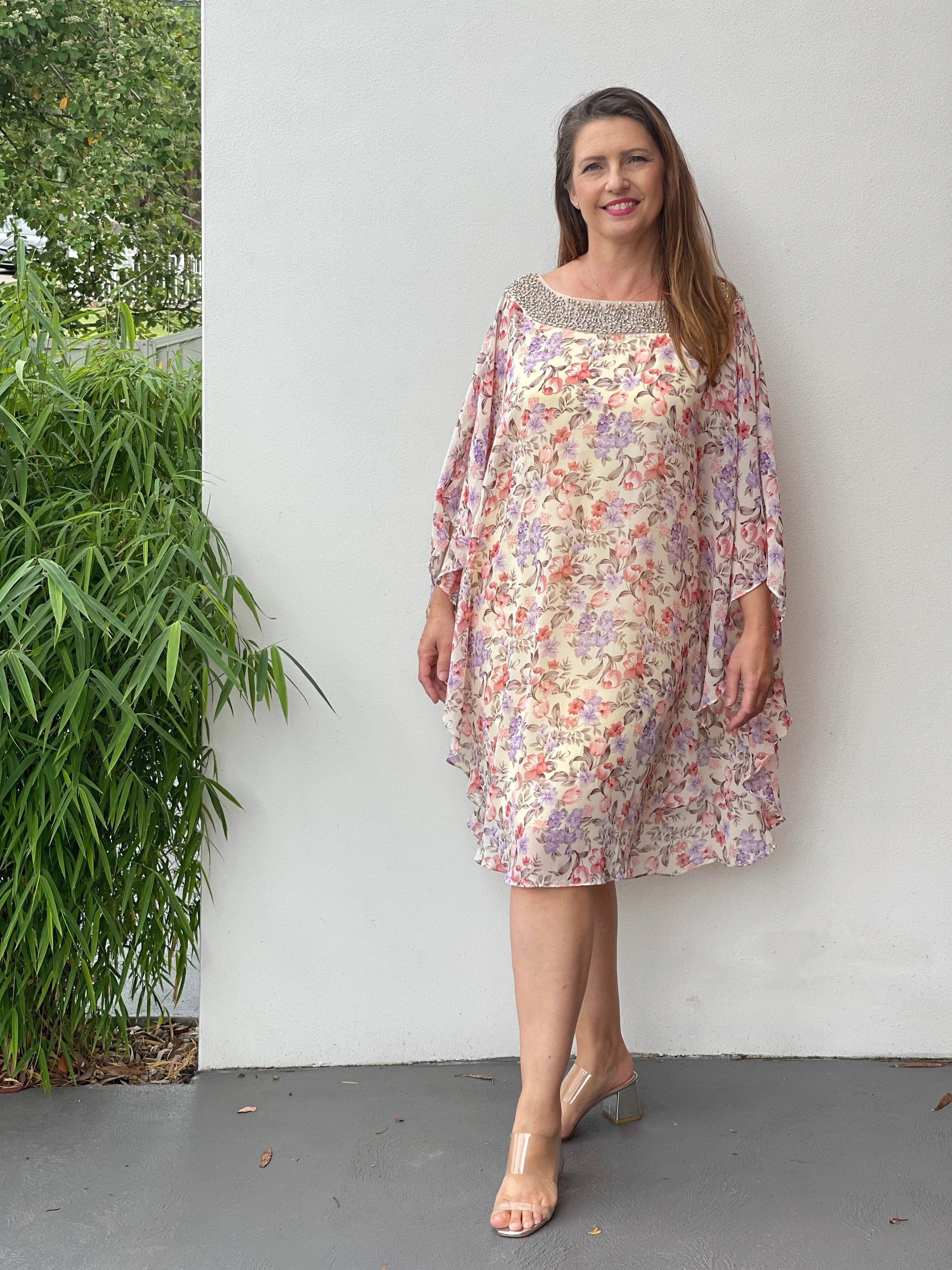 Elias Sand Floral Evening Dress