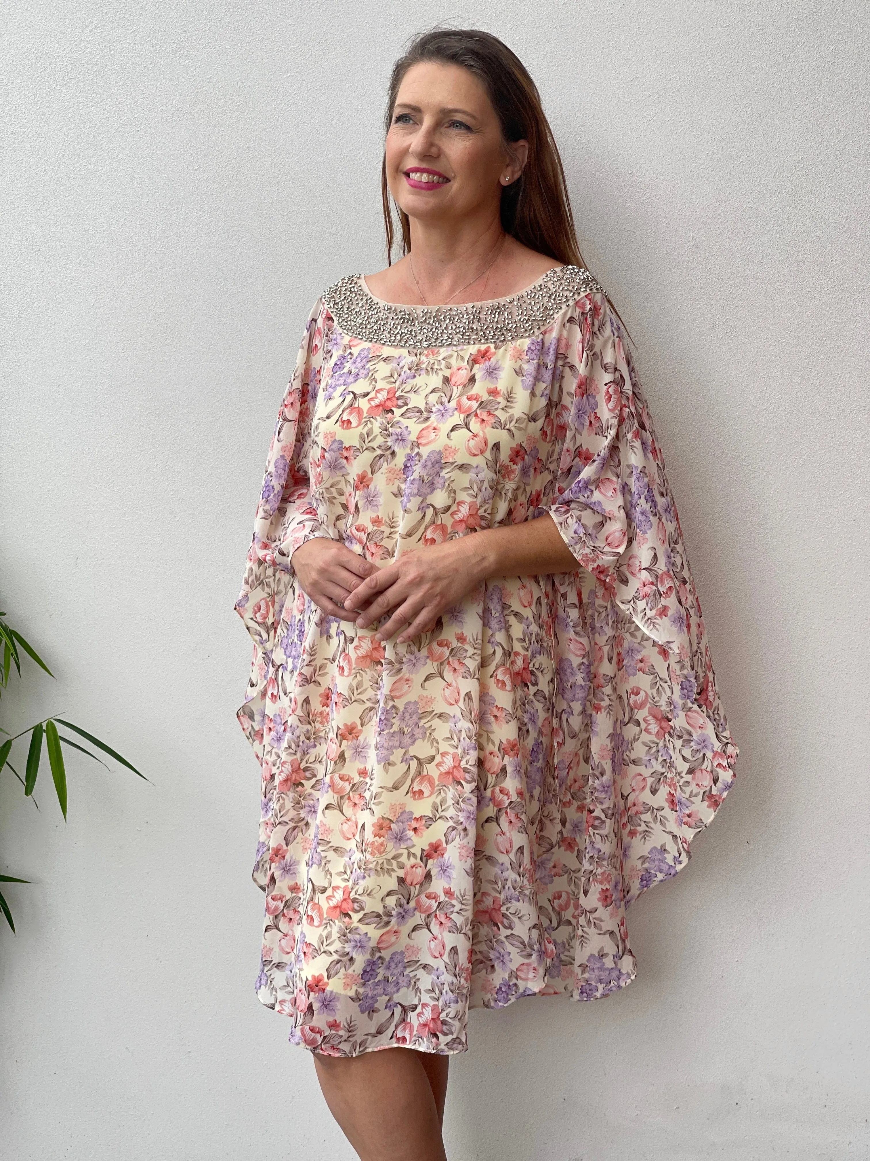 Elias Sand Floral Evening Dress