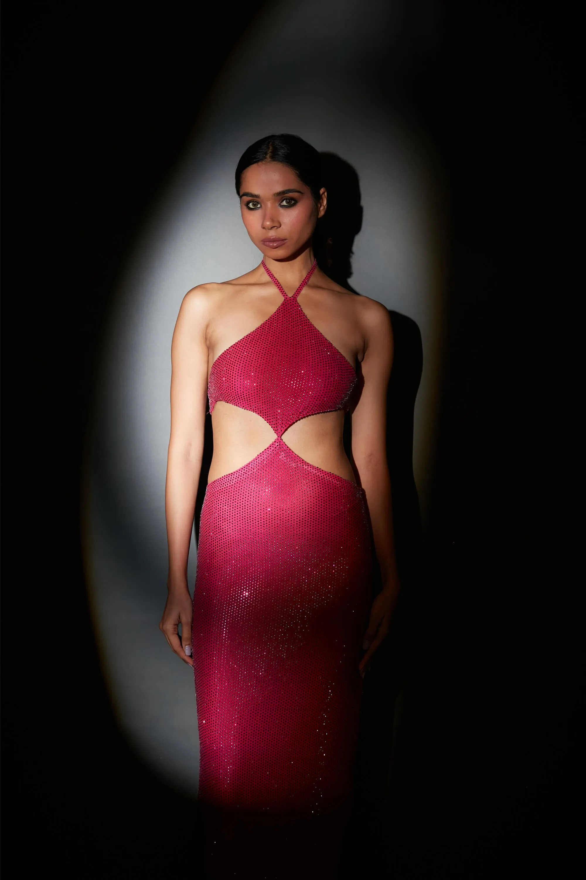 Elisha pink crystal halter gown