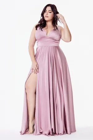 Elliot Satin V Neck Aline Skirt Bridesmaid Dress 7407469AR-DarkMauve
