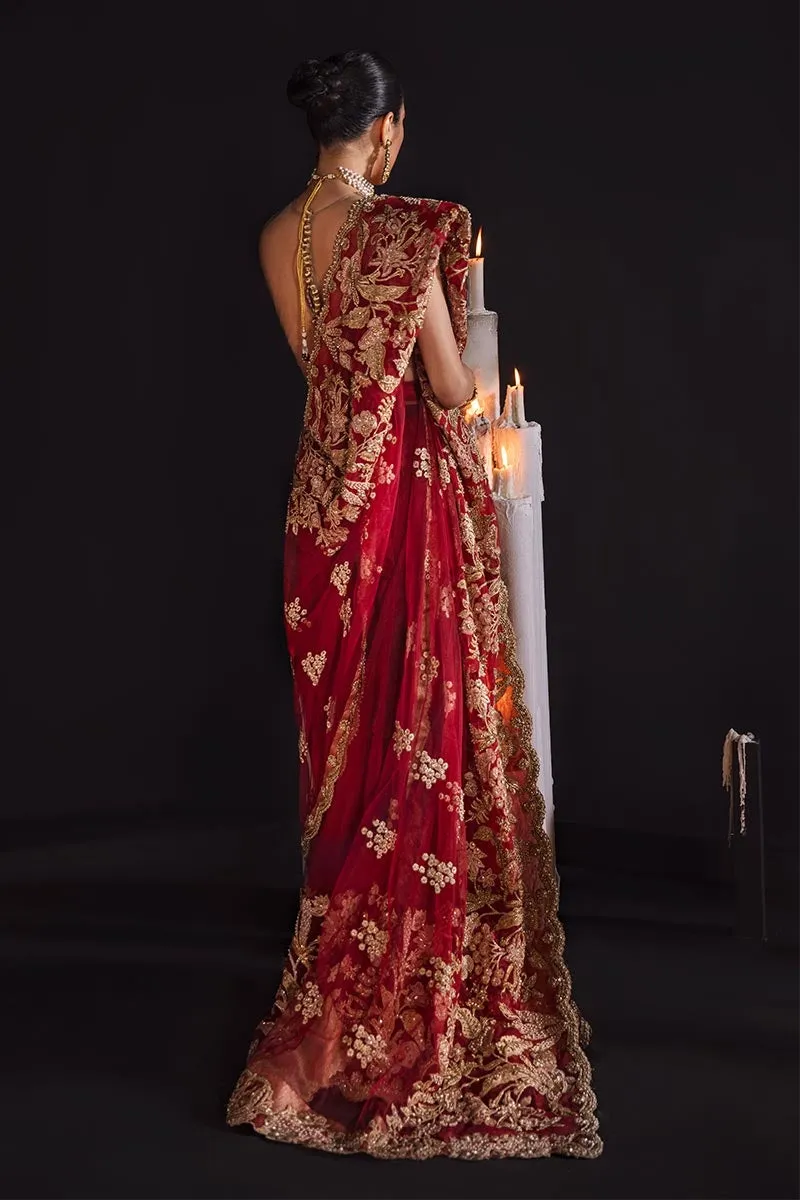 Embellished Red Bridal Saree in Net Chiffon #BN1117