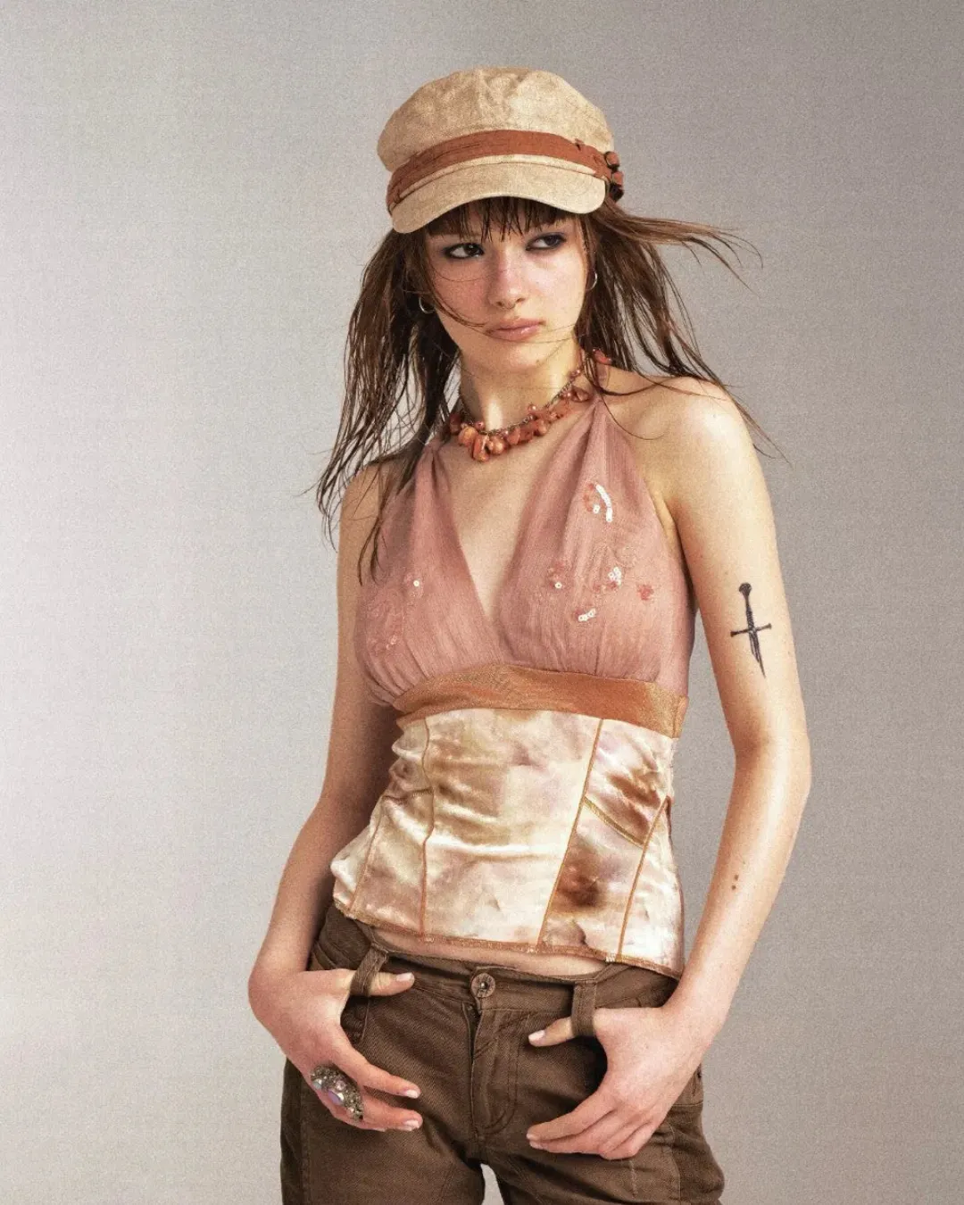 embroidered beads slim halter top