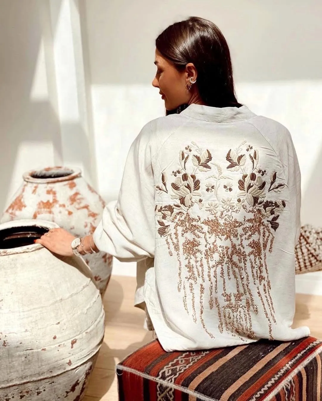 Embroidered Brown X Beige Linen Kimono