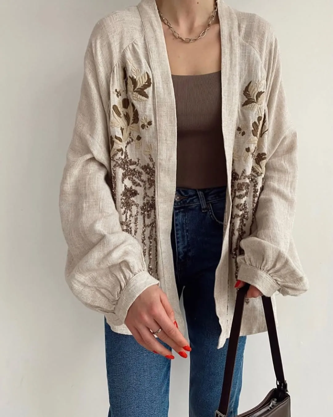 Embroidered Brown X Beige Linen Kimono