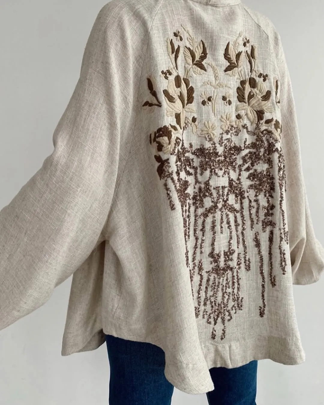 Embroidered Brown X Beige Linen Kimono