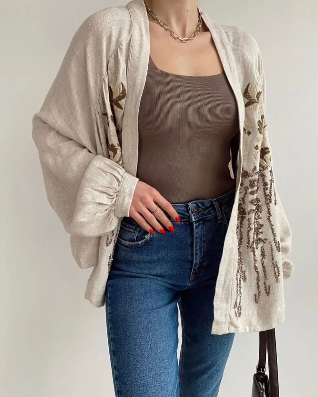 Embroidered Brown X Beige Linen Kimono