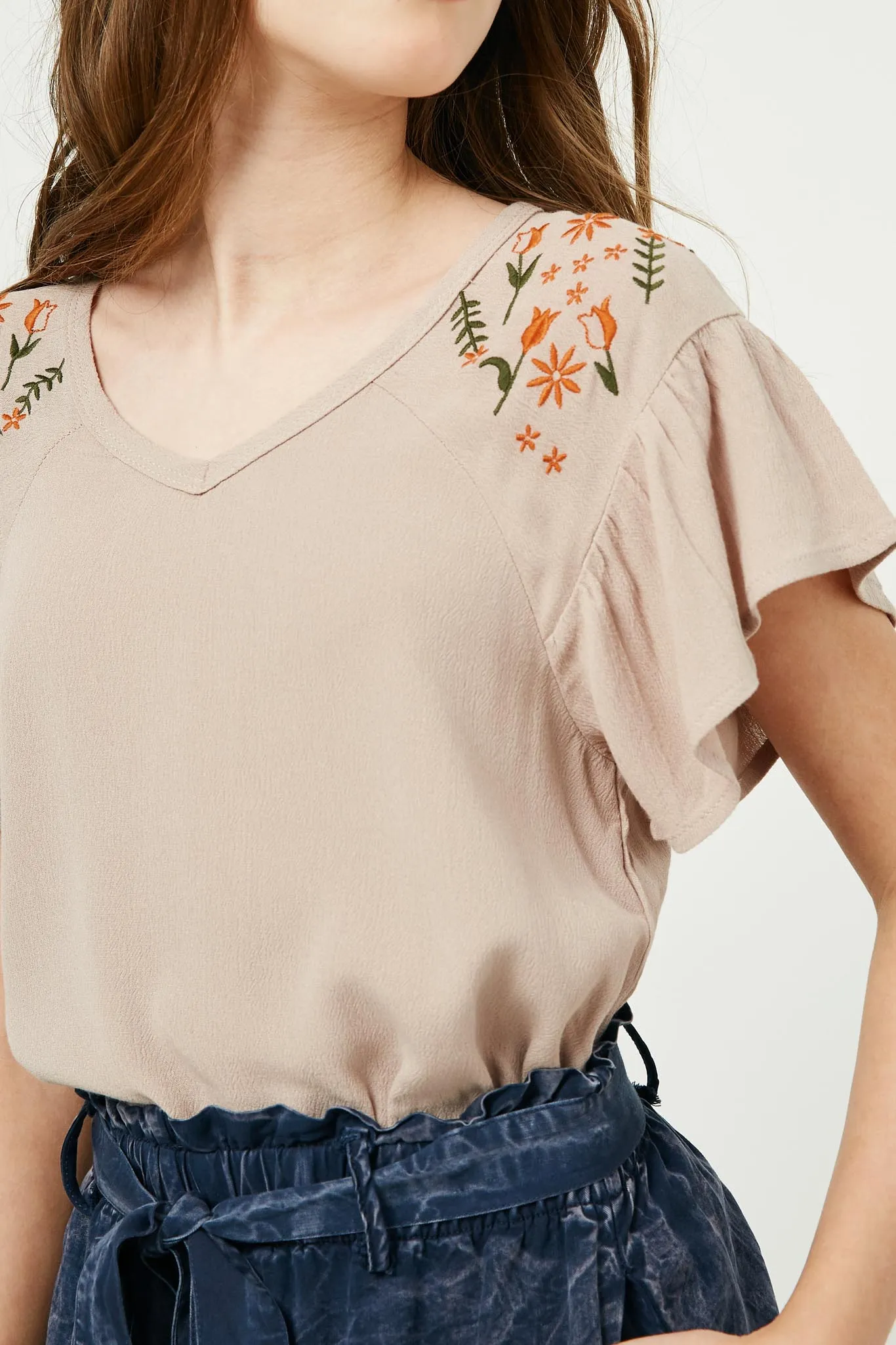 Embroidered Flutter Sleeve Top