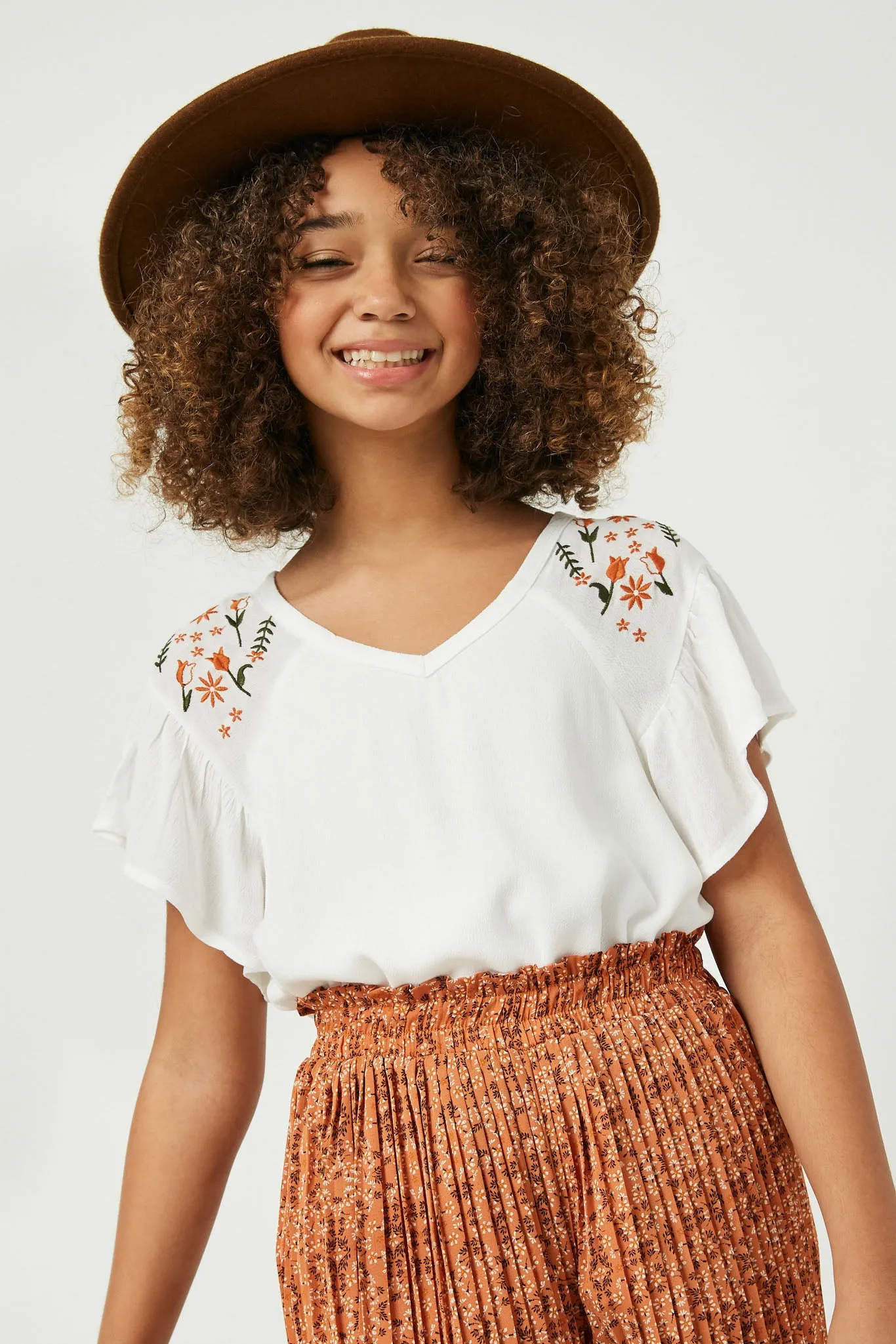 Embroidered Flutter Sleeve Top