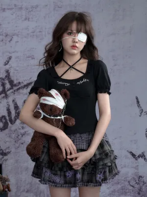 Embroidered Halter Neck Puff Sleeve Tops【s0000011933】