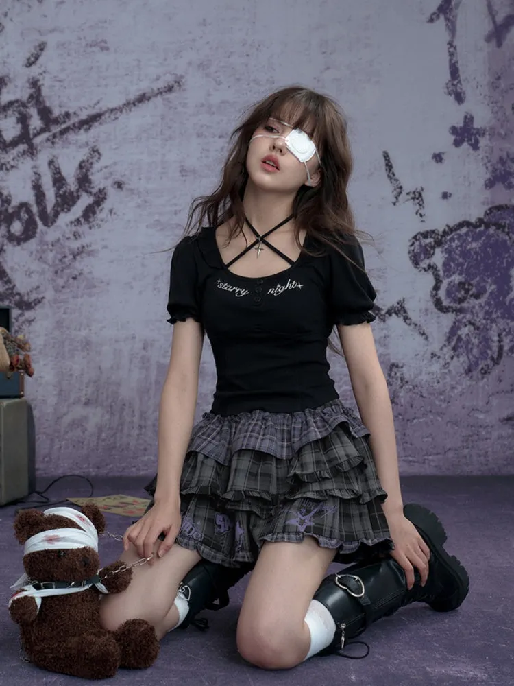 Embroidered Halter Neck Puff Sleeve Tops【s0000011933】