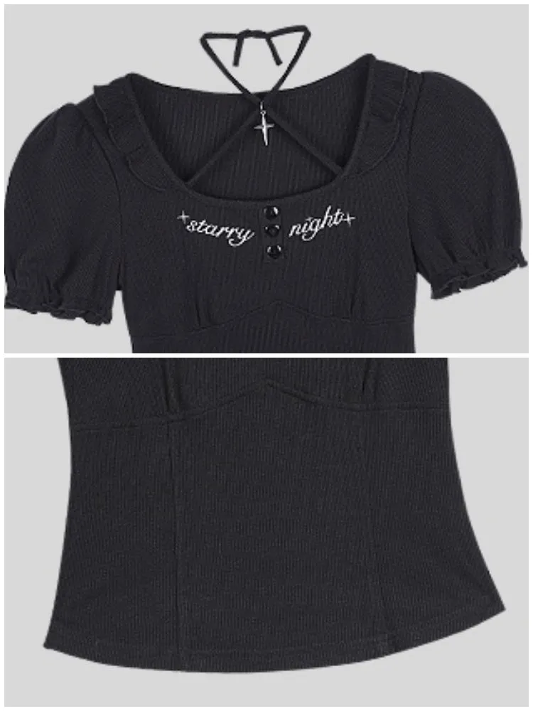Embroidered Halter Neck Puff Sleeve Tops【s0000011933】
