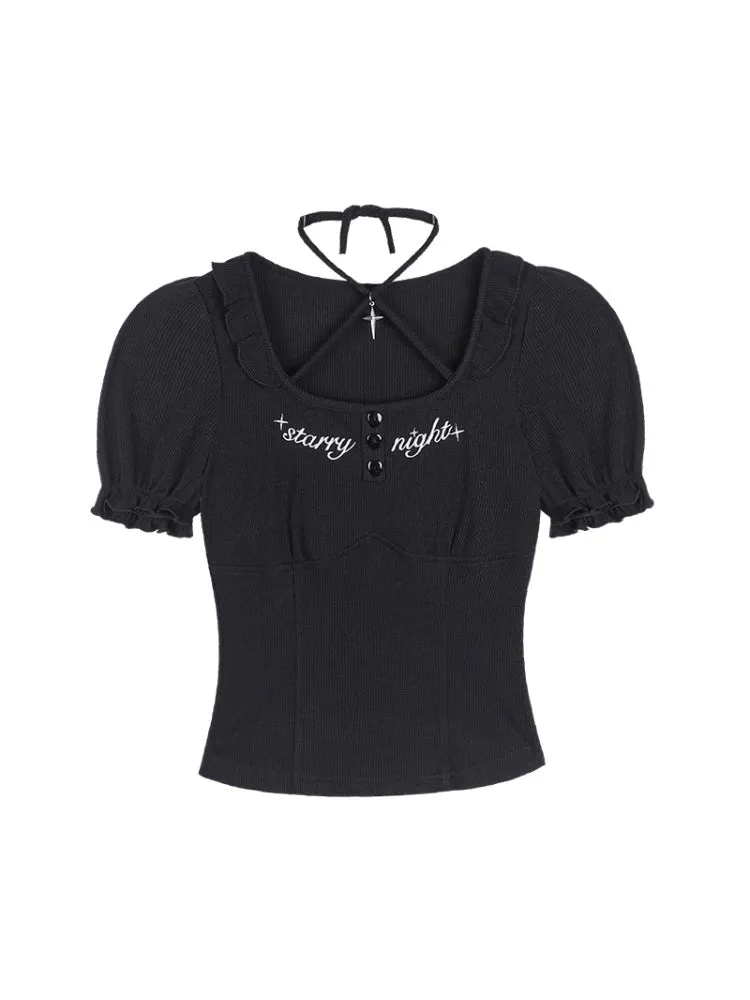 Embroidered Halter Neck Puff Sleeve Tops【s0000011933】