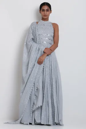 Embroidered Kalidar Grey Kurta Set