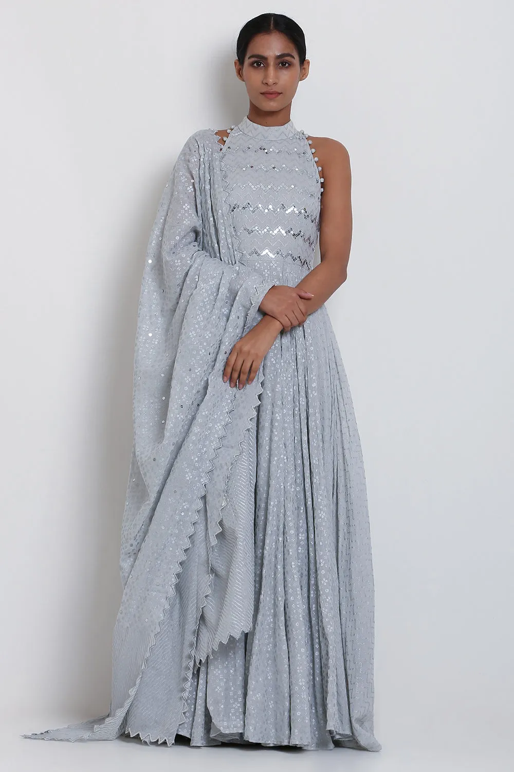 Embroidered Kalidar Grey Kurta Set