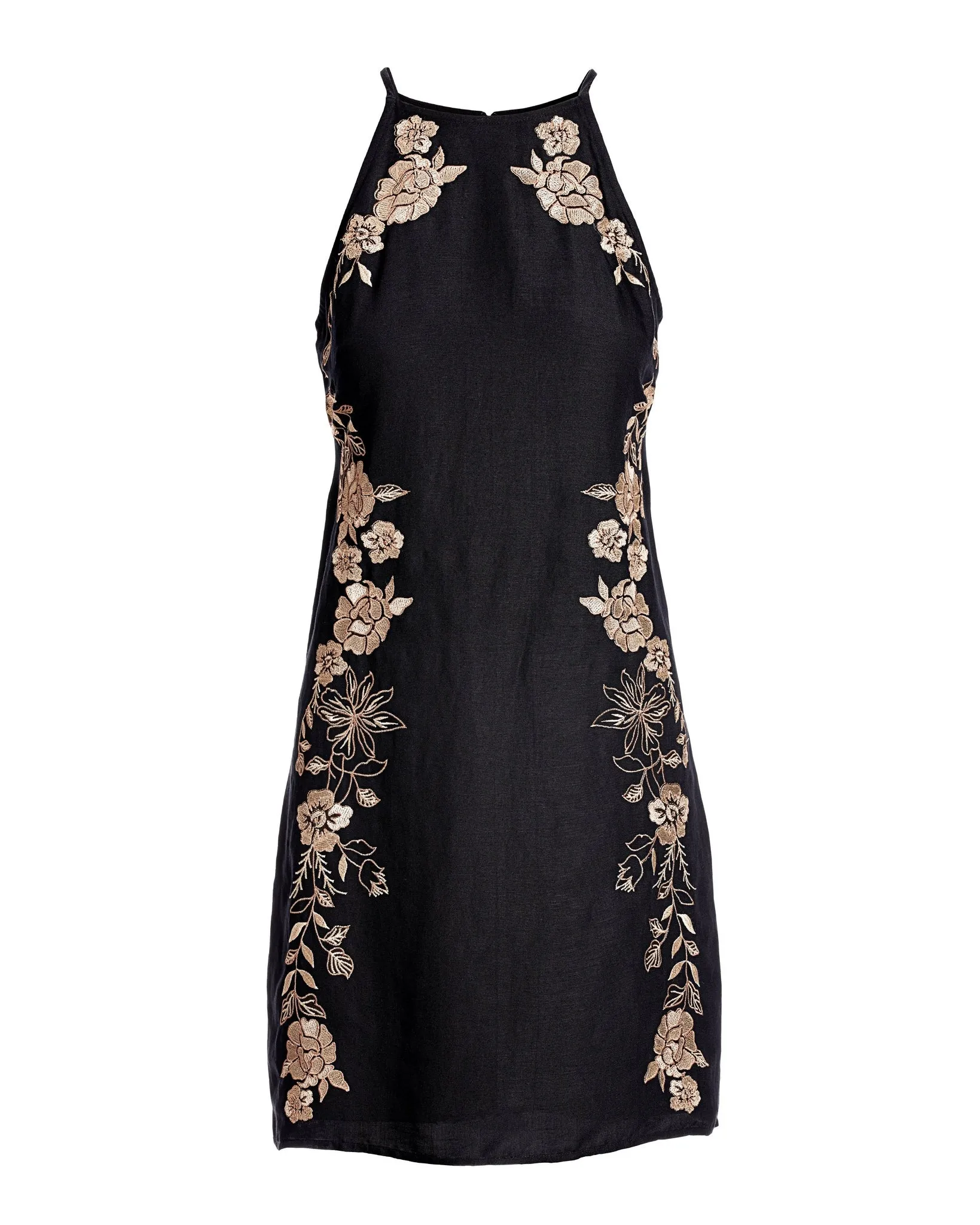 Embroidered Linen Halter Shift Dress Black Multi