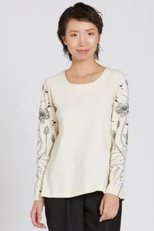 Embroidered Lotus Long Sleeved T-Shirt (Ivory) Style 10833