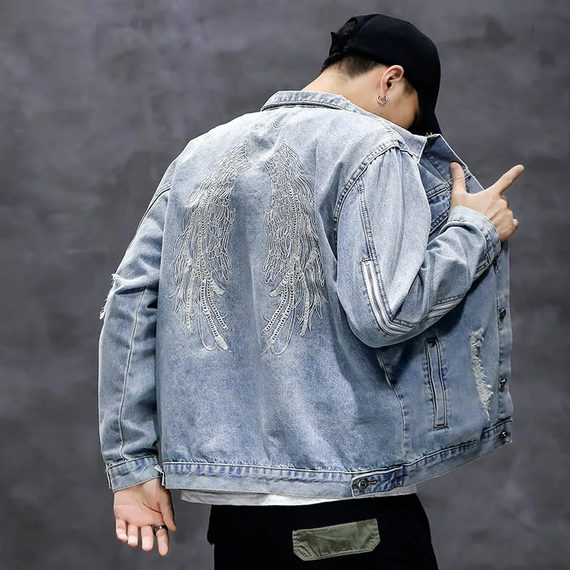 Embroidery Denim Jacket Newest Slim Fit Men's Ripped Jean Coats