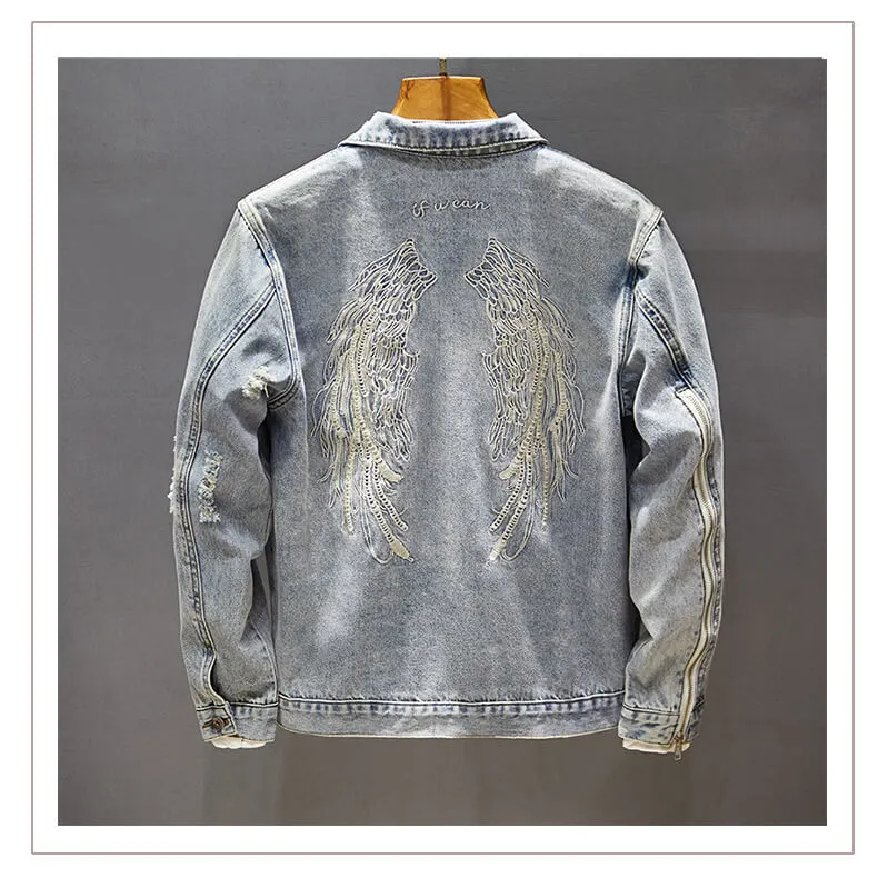 Embroidery Denim Jacket Newest Slim Fit Men's Ripped Jean Coats