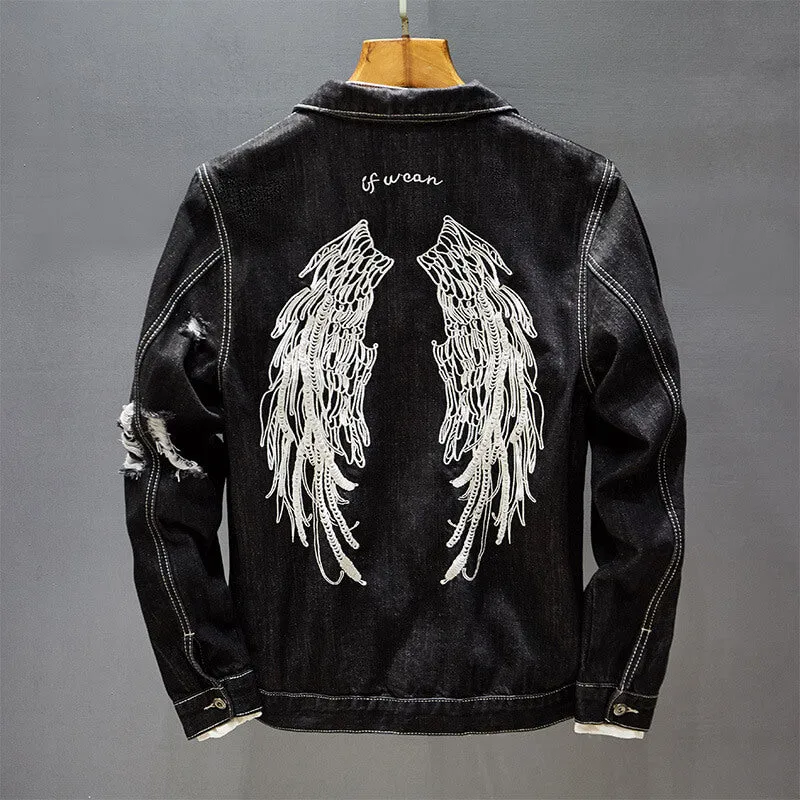 Embroidery Denim Jacket Newest Slim Fit Men's Ripped Jean Coats