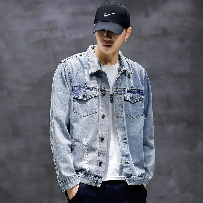 Embroidery Denim Jacket Newest Slim Fit Men's Ripped Jean Coats