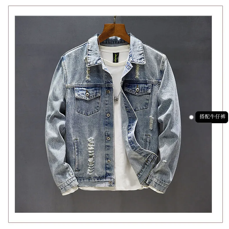 Embroidery Denim Jacket Newest Slim Fit Men's Ripped Jean Coats