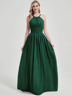 Emerald Green Pleated Halter Sleeveless A-Line Chiffon Bridesmaid Dress