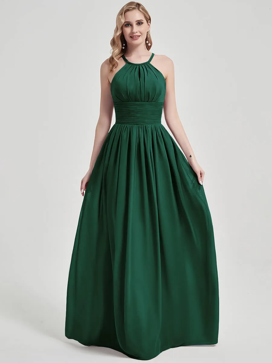 Emerald Green Pleated Halter Sleeveless A-Line Chiffon Bridesmaid Dress