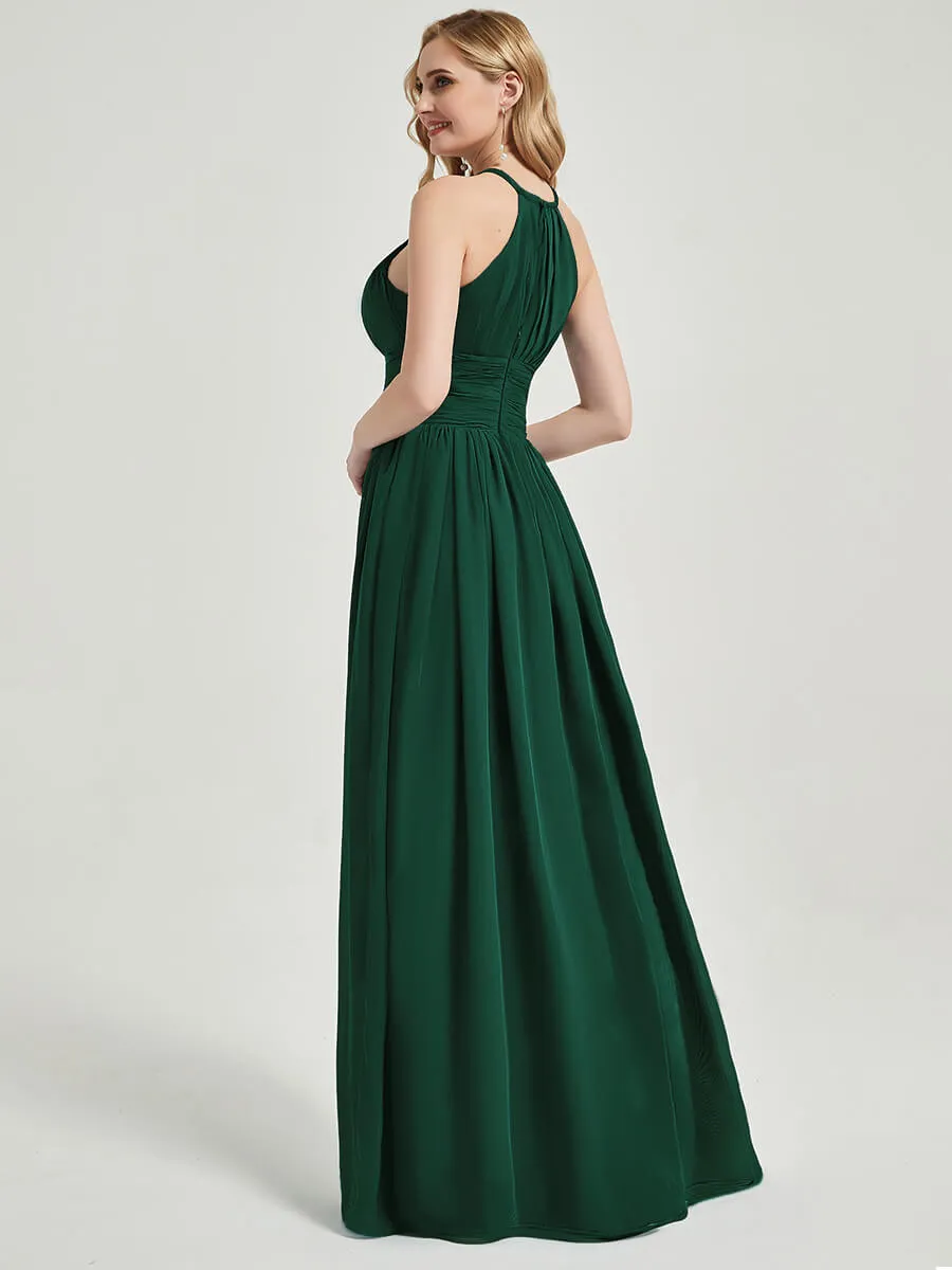 Emerald Green Pleated Halter Sleeveless A-Line Chiffon Bridesmaid Dress