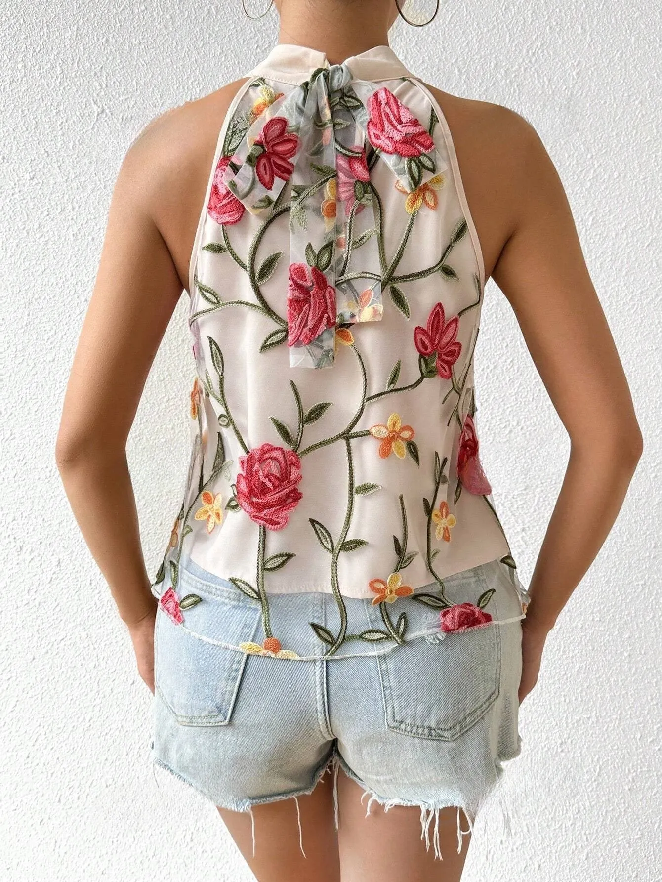 Essnce Women's Floral Embroidered Mesh Halter Neck Blouse