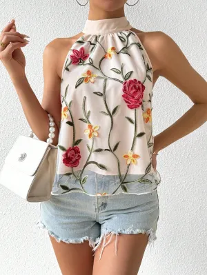 Essnce Women's Floral Embroidered Mesh Halter Neck Blouse