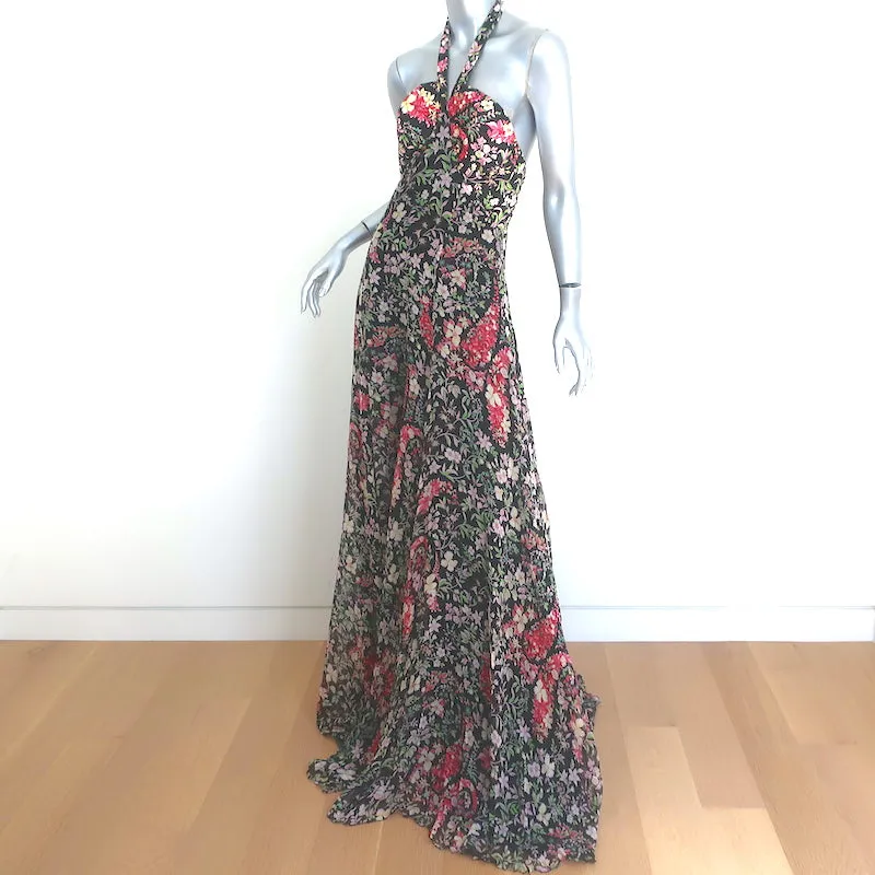 Etro Zodiac Halter Gown Black Floral Print Chiffon Size 44 Sleeveless Maxi Dress