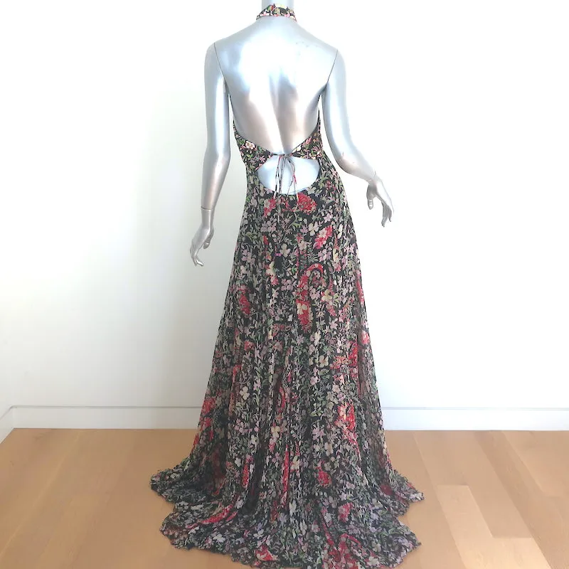 Etro Zodiac Halter Gown Black Floral Print Chiffon Size 44 Sleeveless Maxi Dress