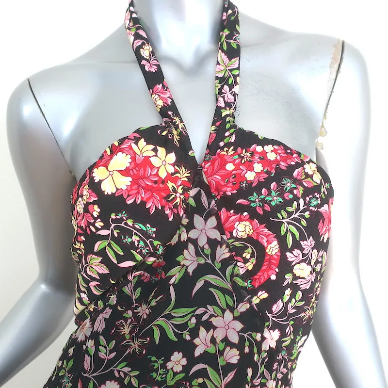 Etro Zodiac Halter Gown Black Floral Print Chiffon Size 44 Sleeveless Maxi Dress