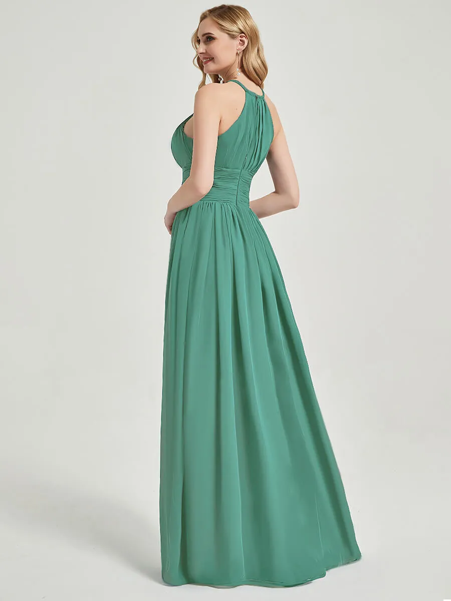 Eucalyptus Pleated Halter Sleeveless A-Line Chiffon Bridesmaid Dress