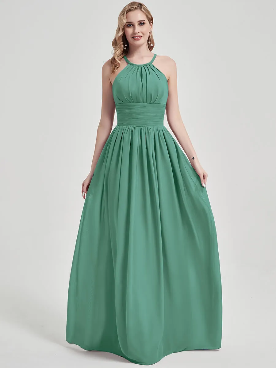 Eucalyptus Pleated Halter Sleeveless A-Line Chiffon Bridesmaid Dress