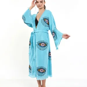 Evil Eye Kimono, Long Kaftan, Organic Cotton Robe, Kaftan