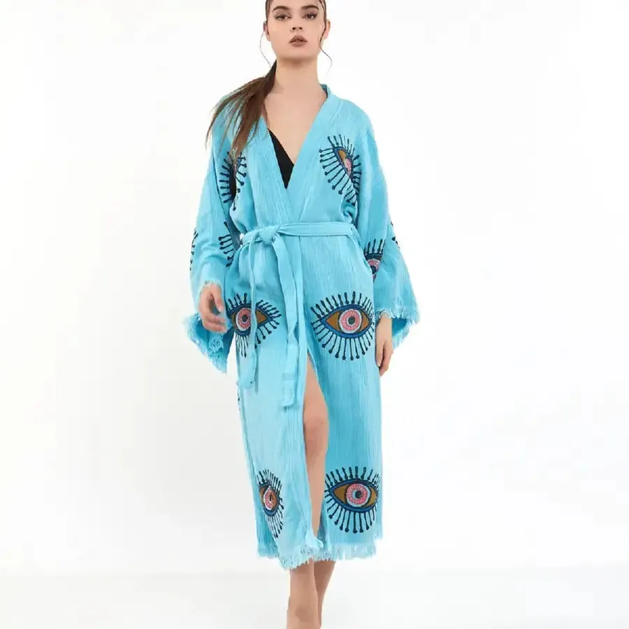 Evil Eye Kimono, Long Kaftan, Organic Cotton Robe, Kaftan
