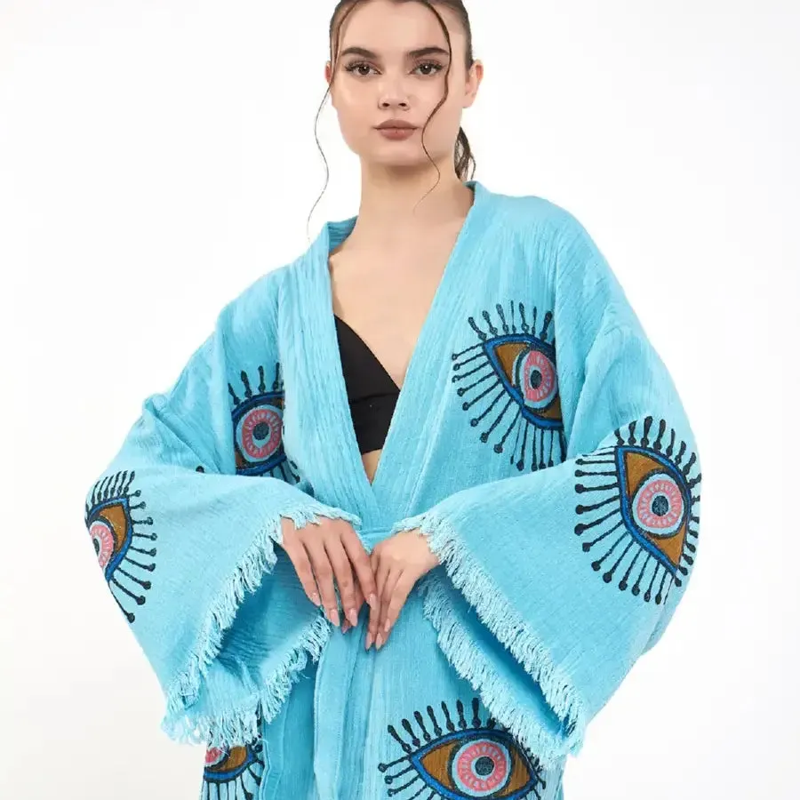 Evil Eye Kimono, Long Kaftan, Organic Cotton Robe, Kaftan