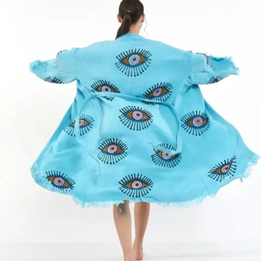 Evil Eye Kimono, Long Kaftan, Organic Cotton Robe, Kaftan