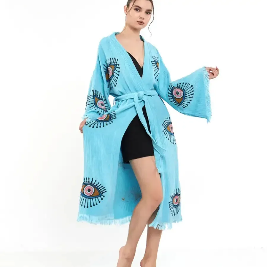 Evil Eye Kimono, Long Kaftan, Organic Cotton Robe, Kaftan