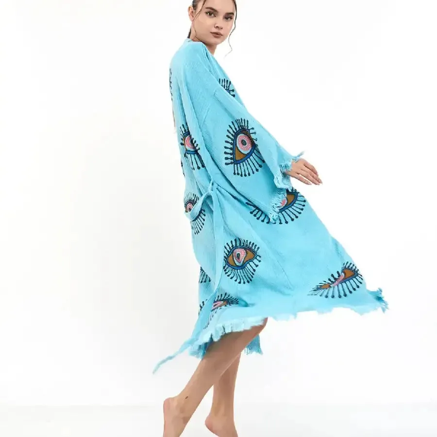 Evil Eye Kimono, Long Kaftan, Organic Cotton Robe, Kaftan