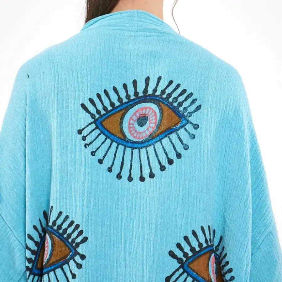 Evil Eye Kimono, Long Kaftan, Organic Cotton Robe, Kaftan