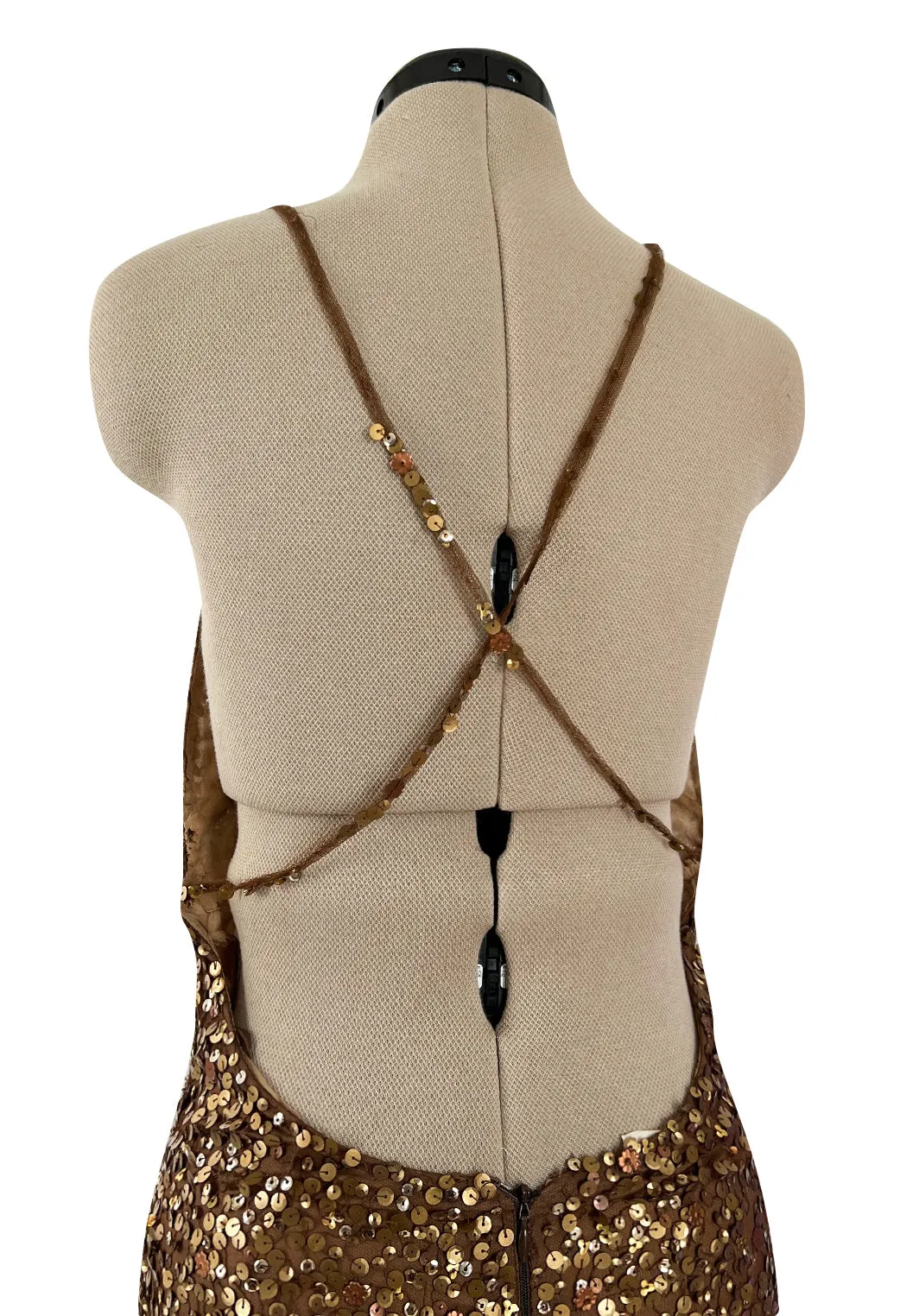 Fall 2002 Valentino Plunged Silk Net Chiffon Dress Completely Covered in Copper Sequins