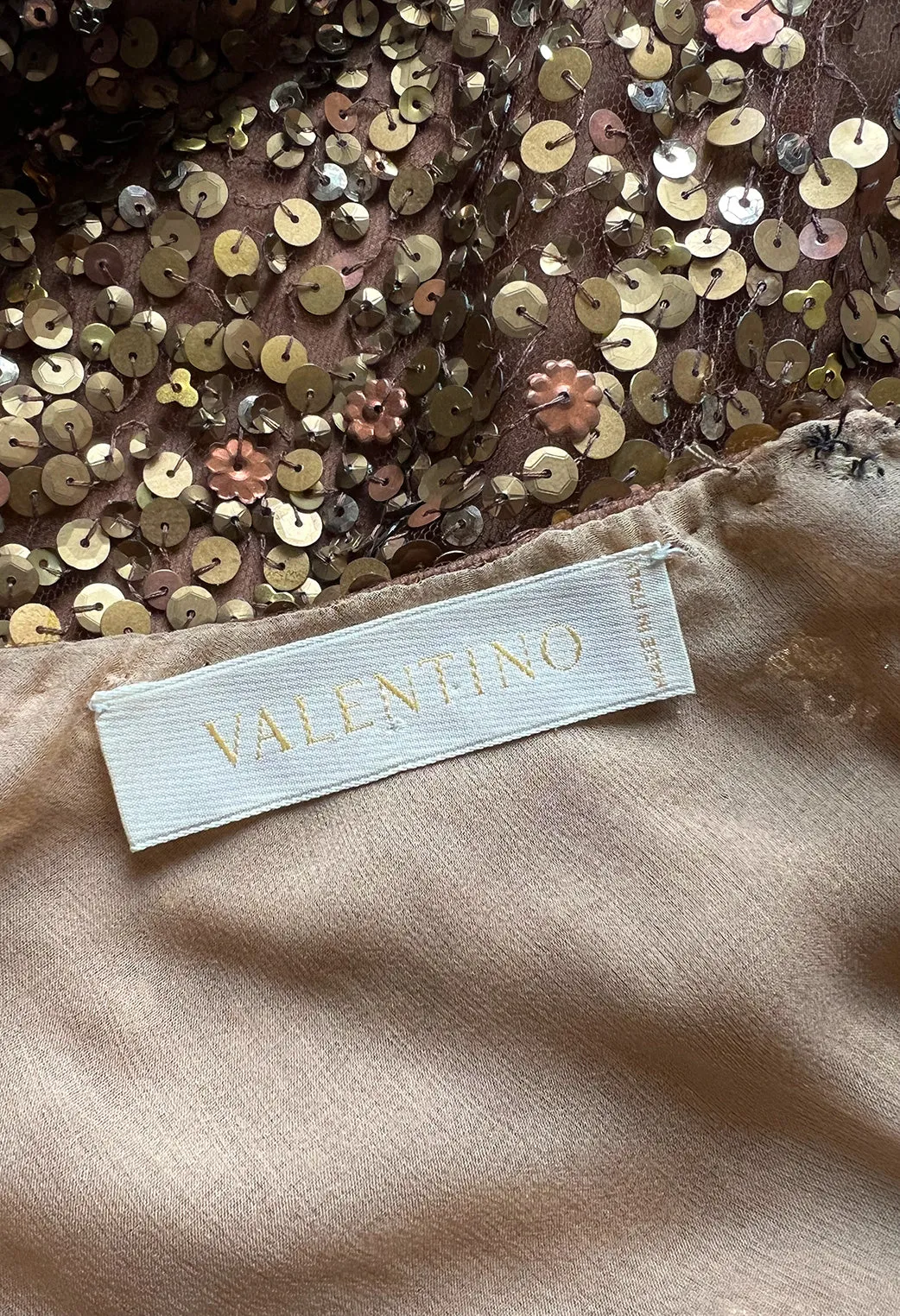 Fall 2002 Valentino Plunged Silk Net Chiffon Dress Completely Covered in Copper Sequins