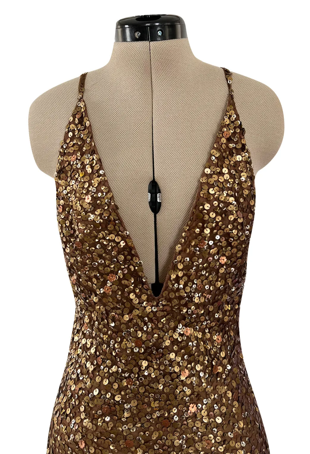 Fall 2002 Valentino Plunged Silk Net Chiffon Dress Completely Covered in Copper Sequins