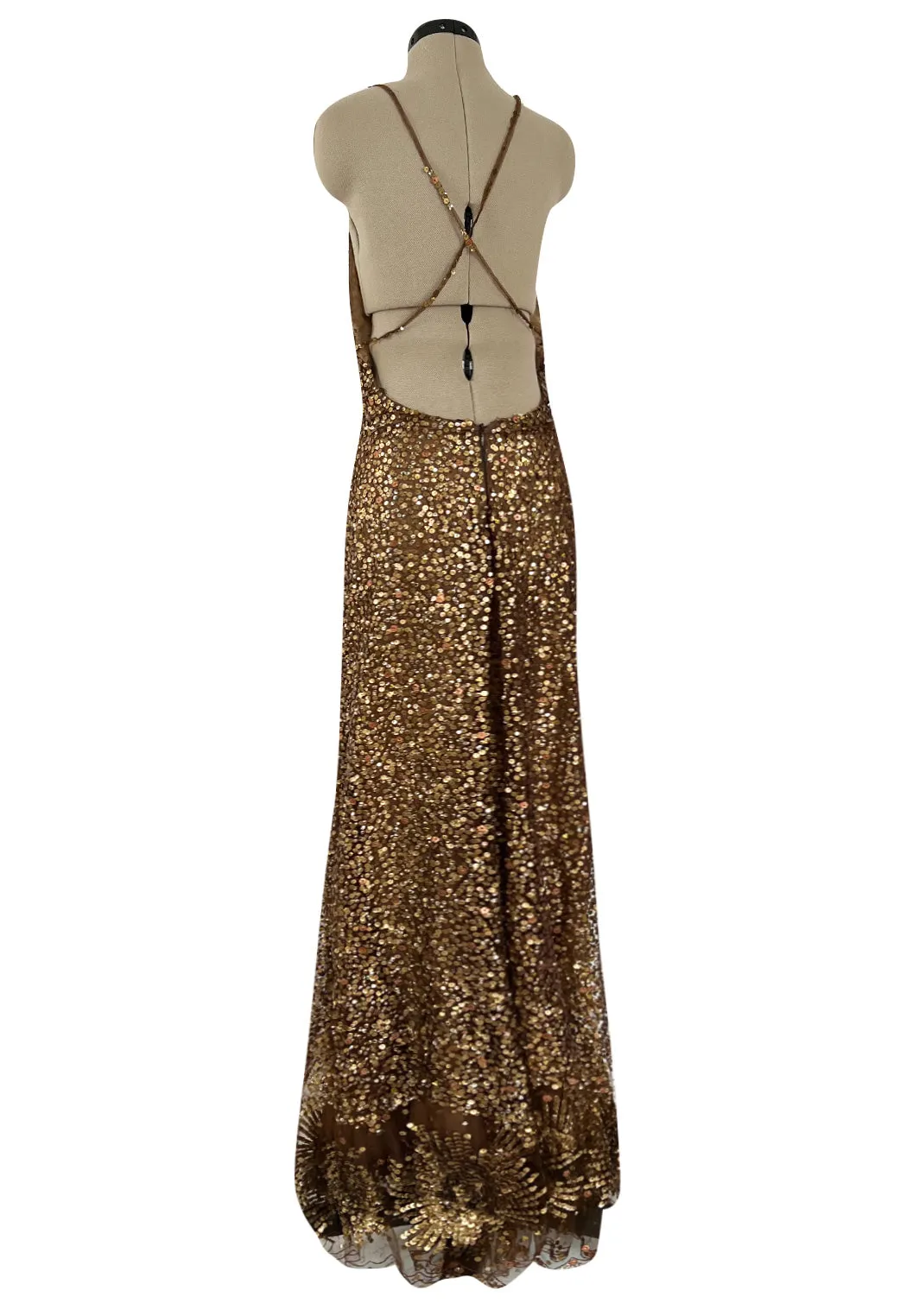 Fall 2002 Valentino Plunged Silk Net Chiffon Dress Completely Covered in Copper Sequins