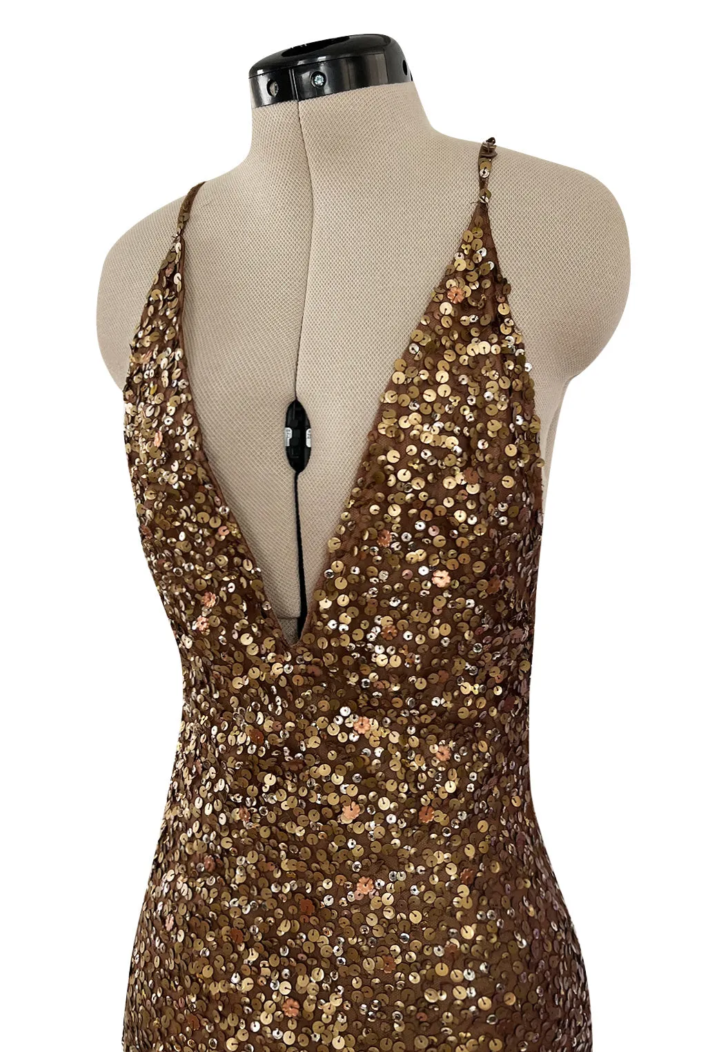 Fall 2002 Valentino Plunged Silk Net Chiffon Dress Completely Covered in Copper Sequins