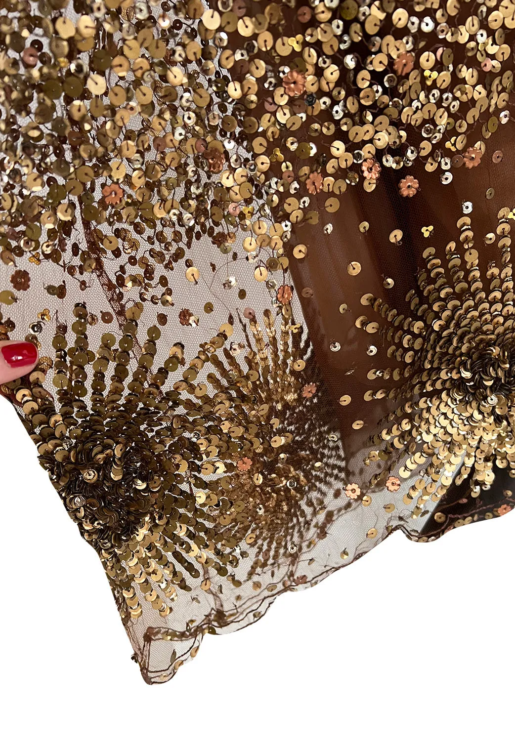 Fall 2002 Valentino Plunged Silk Net Chiffon Dress Completely Covered in Copper Sequins